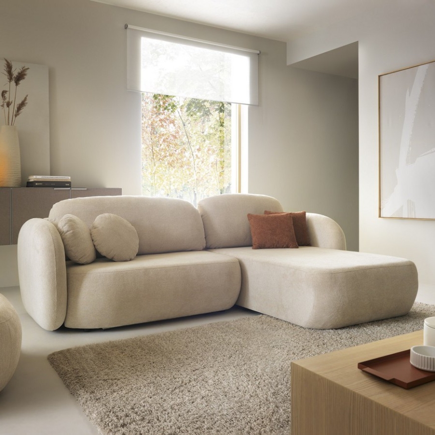 Hörnbäddsoffa OLBIA, bäddbar med förvaringsutrymme, L-form, höger, beige