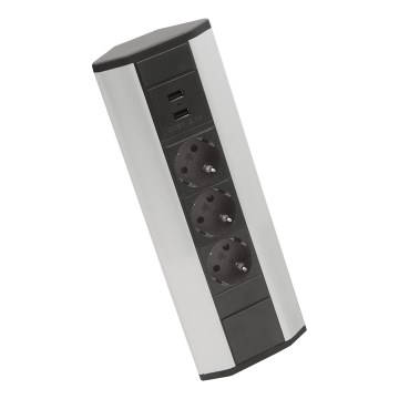Hörnmonterad uttagskolonn 3x230V + 2xUSB-A svart/silver