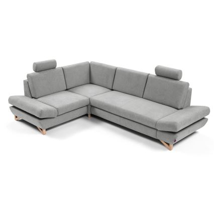 Bäddbar L-formad stoppad hörnsoffa AVESTA, vänster, grå, med förvaringsutrymme