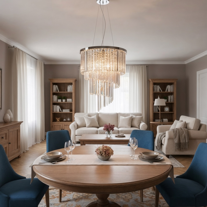 Ideal Lux - Kristallkrona med textilsladd CARLTON 12xE14/40W/230V diameter 50 cm skinande krom