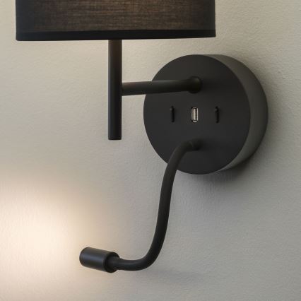 Ideal Lux - LED Flexibel lampa med monteringsfäste KIT UP 1xE27/42W + LED/3W/230V CRI 90 USB svart