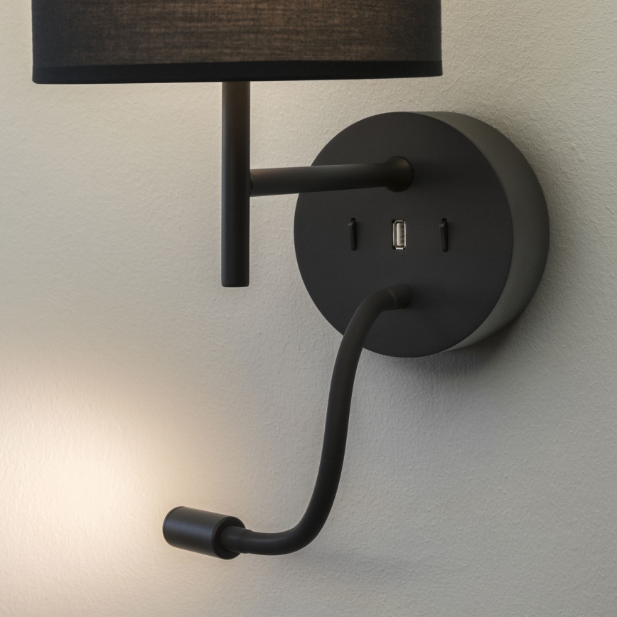 Ideal Lux - LED Flexibel lampa med monteringsfäste KIT UP 1xE27/42W + LED/3W/230V CRI 90 USB svart