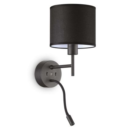 Ideal Lux - LED Flexibel lampa med monteringsfäste KIT UP 1xE27/42W + LED/3W/230V CRI 90 USB svart