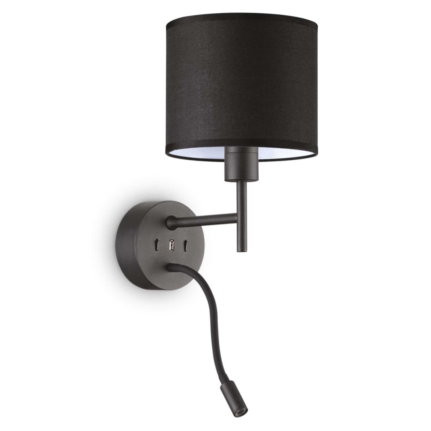 Ideal Lux - LED Flexibel lampa med monteringsfäste KIT UP 1xE27/42W + LED/3W/230V CRI 90 USB svart