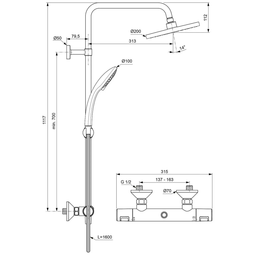 Ideal Standard A7208AA - Duschset med termostatblandare CERATHERM T25, polerad krom