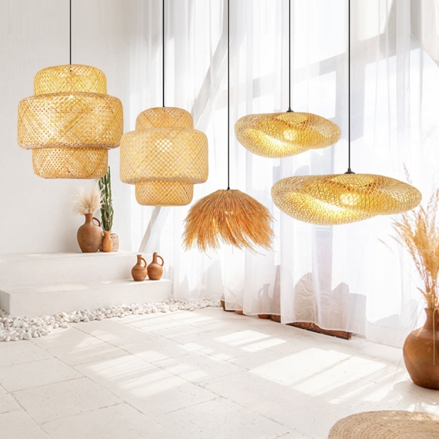 Ljuskrona med textilsladd HILO 1xE27/40W/230V diameter 47 cm bambu