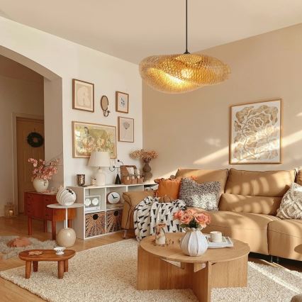 Ljuskrona med textilsladd HILO 1xE27/40W/230V diameter 60 cm bambu