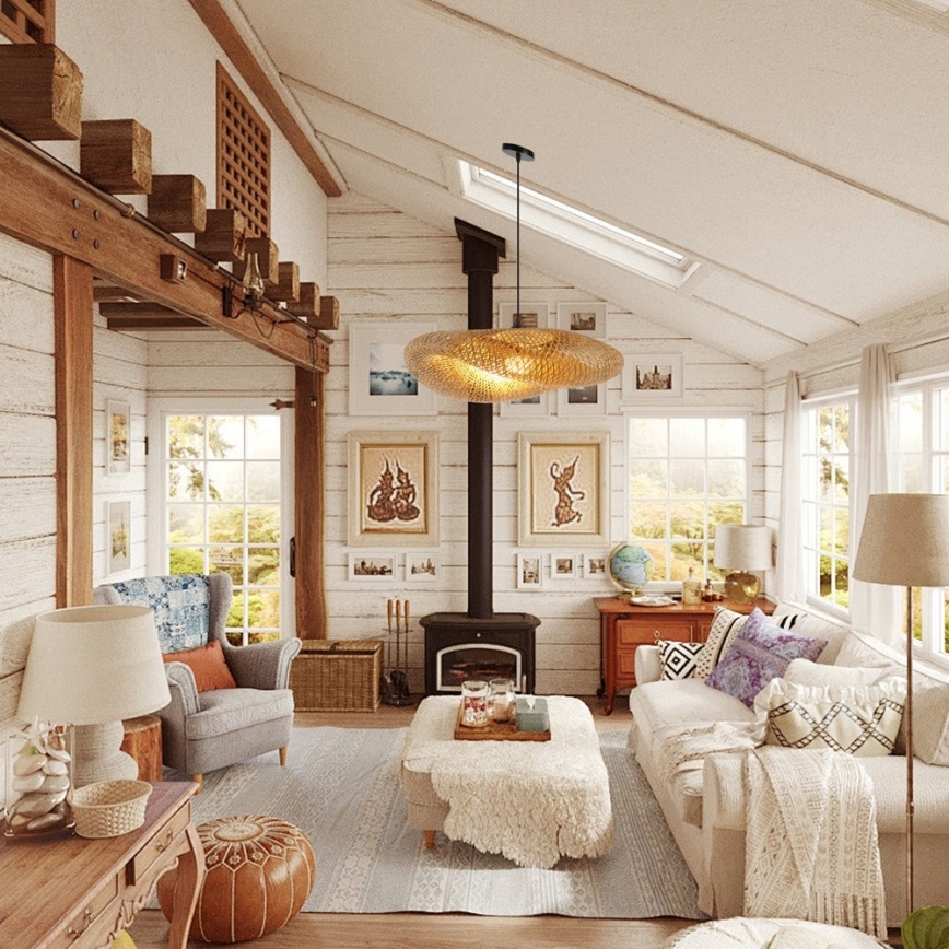 Ljuskrona med textilsladd HILO 1xE27/40W/230V diameter 80 cm bambu