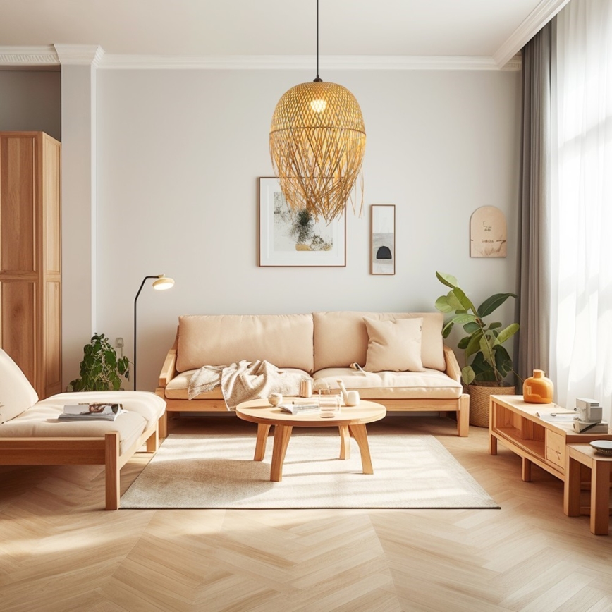 Ljuskrona med textilsladd HILO 1xE27/40W/230V diameter 45 cm bambu