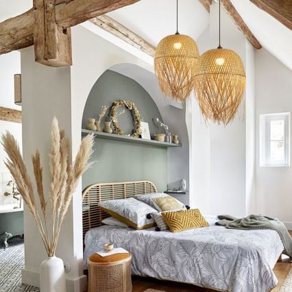 Ljuskrona med textilsladd HILO 1xE27/40W/230V diameter 45 cm bambu