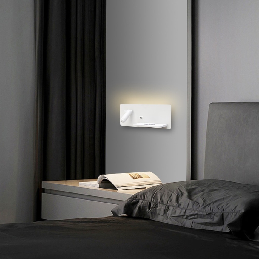 Immax 08285L - LED Väggspot med hylla, USB-port och trådlös laddning Be PREPARE LED/3W/230V + LED/3W vit