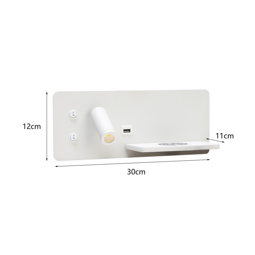 Immax 08285L - LED Väggspot med hylla, USB-port och trådlös laddning Be PREPARE LED/3W/230V + LED/3W vit