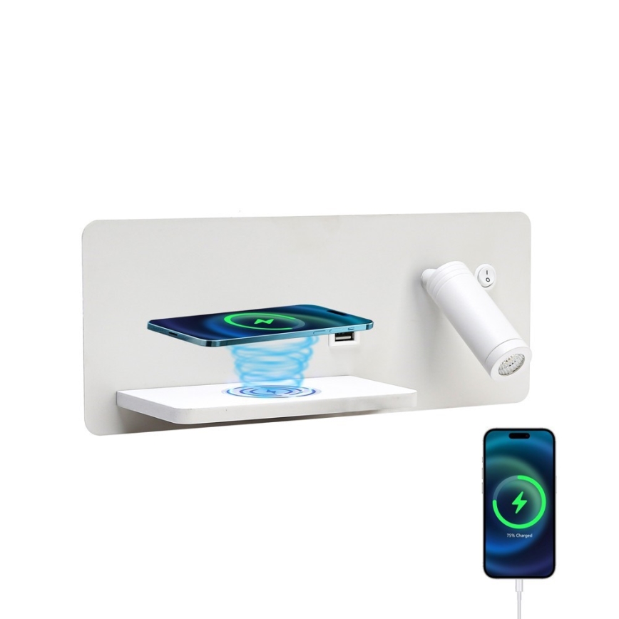 Immax 08286L - LED Väggspotlight med hylla, USB-port och trådlös laddning Be PREPARE LED/3W/230V + LED/3W vit