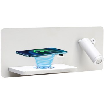 Immax 08286L - LED Väggspotlight med hylla, USB-port och trådlös laddning Be PREPARE LED/3W/230V + LED/3W vit