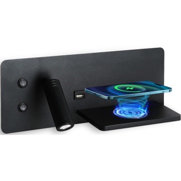 Immax 08287L - LED Väggspotlight med hylla, USB-port och trådlös laddning Be PREPARE LED/3W/230V + LED/3W svart