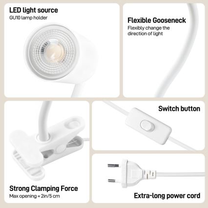 Flexibel klämlampa PUNTO 1xGU10/9W/230V vit