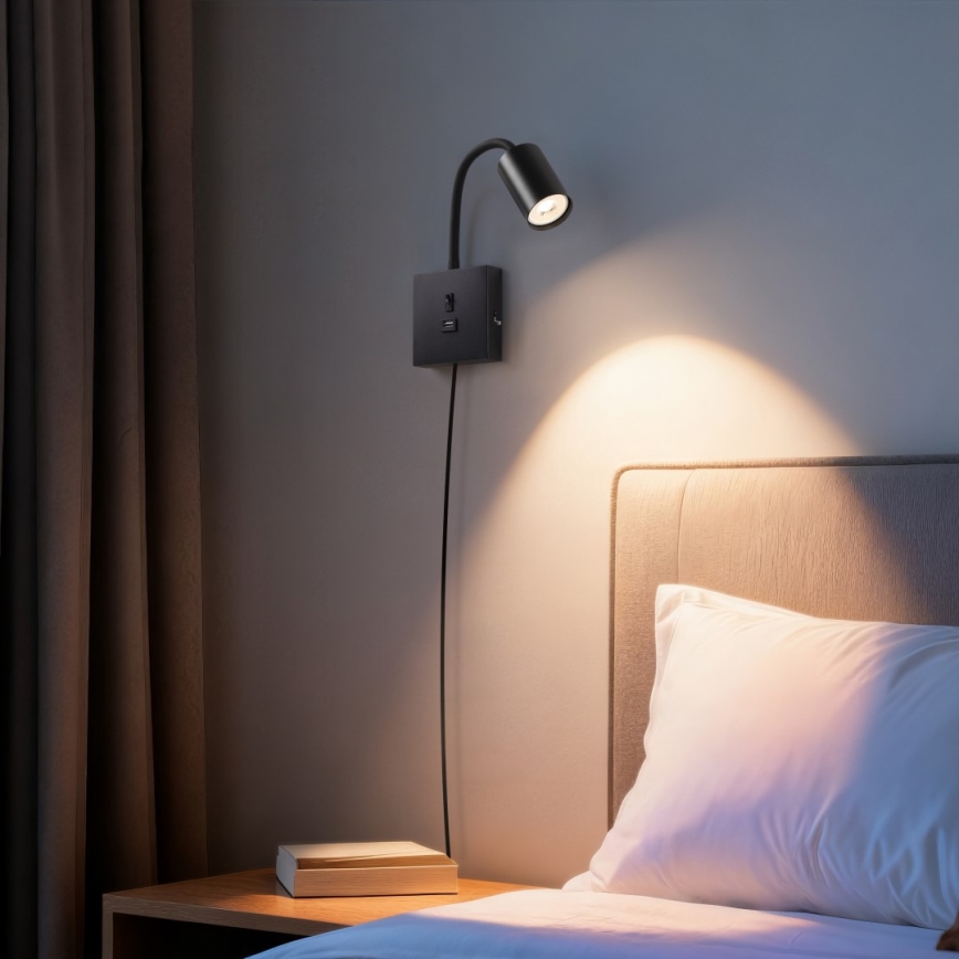 Vägglampa med USB PUNTO 1xGU10/9W/230V svart