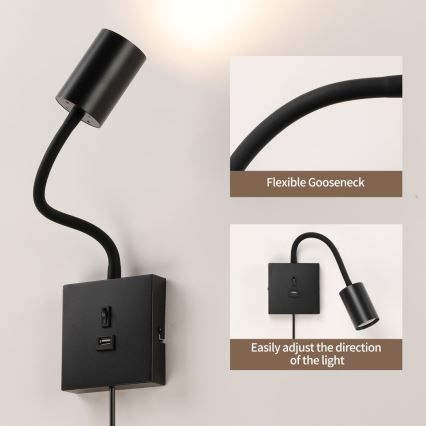 Vägglampa med USB PUNTO 1xGU10/9W/230V svart
