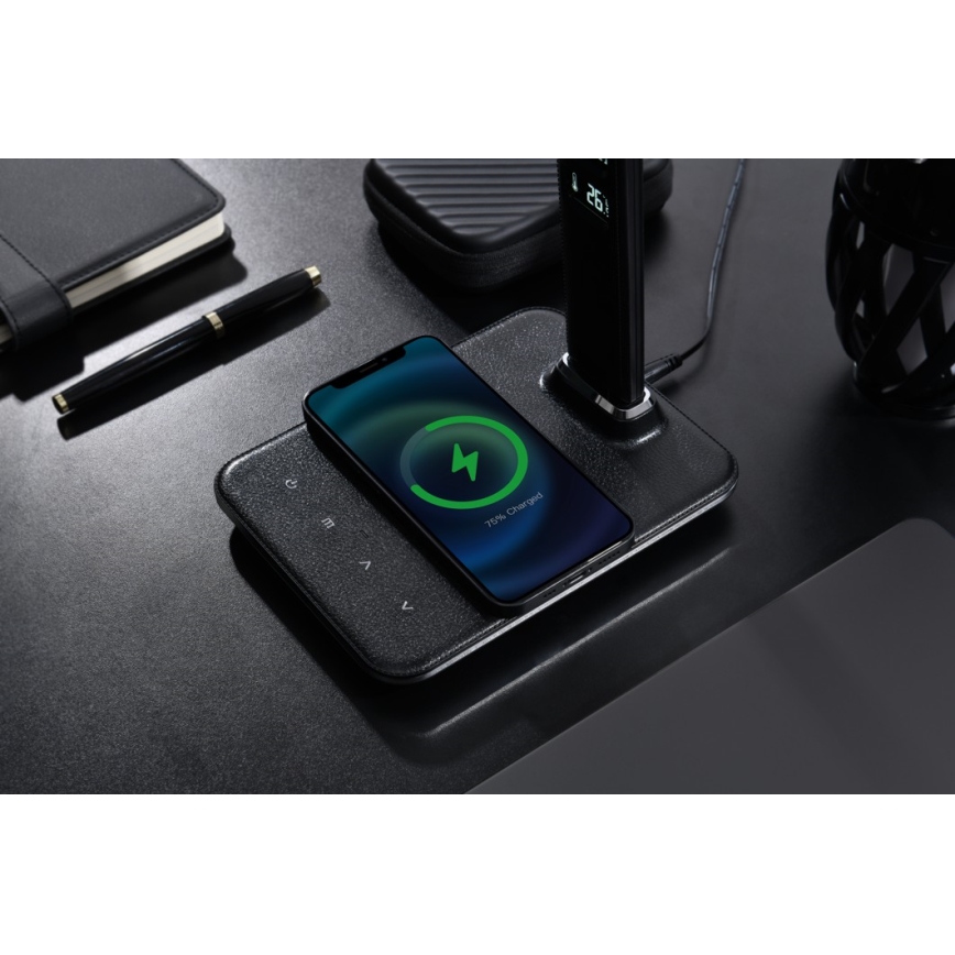 LED Dimbar skrivbordslampa med trådlös QI-laddning och USB KINGFISHER LED/8,5W/230V svart