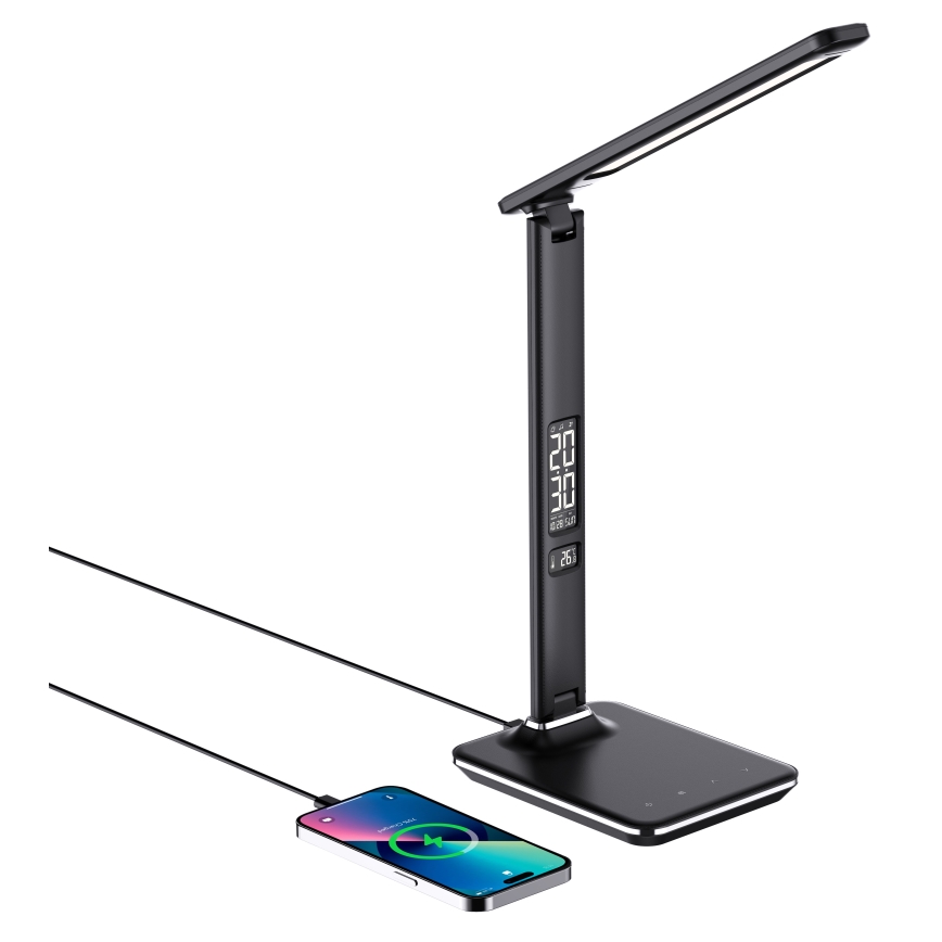 LED Dimbar skrivbordslampa med trådlös QI-laddning och USB KINGFISHER LED/8,5W/230V svart