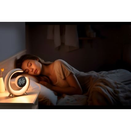 LED RGBW Dimbara bordslampa med väckarklocka PEACOCK LED/20W/5V USB