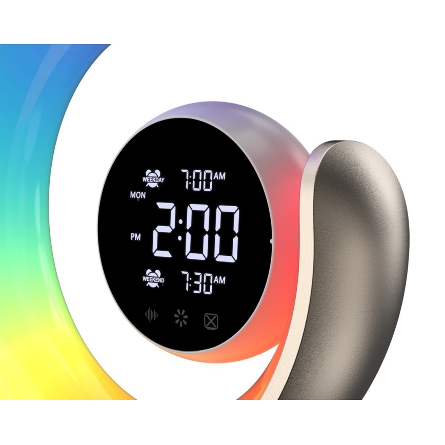 LED RGBW Dimbara bordslampa med väckarklocka PEACOCK LED/20W/5V USB