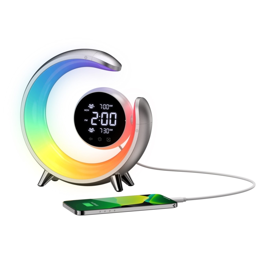 LED RGBW Dimbart bordslampa med väckarklocka LED/20W/5V USB silver