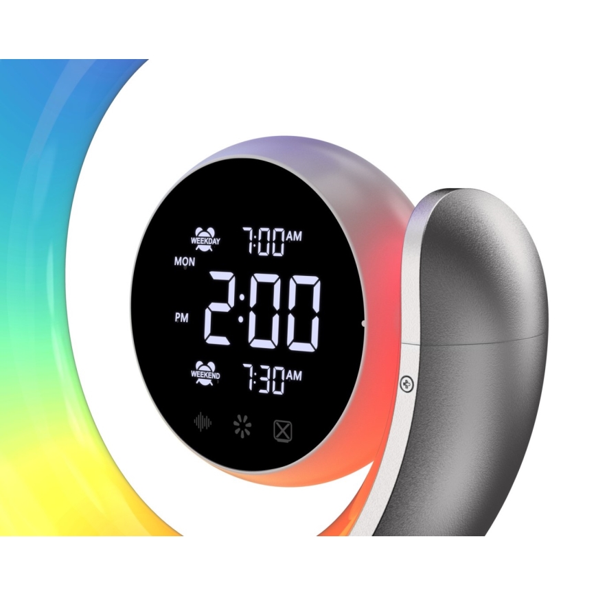 LED RGBW Dimbart bordslampa med väckarklocka LED/20W/5V USB silver