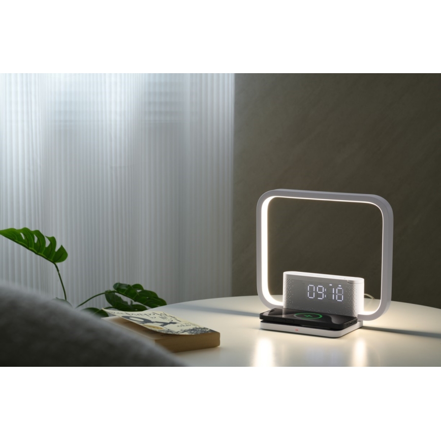 LED Dimbar nattlampa med väckarklocka och Qi laddar LED/18W/230V vit
