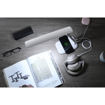 Dimmbar LED-skrivbordslampa med trådlös QI-laddning och USB LUMI LED/7W/230V vit