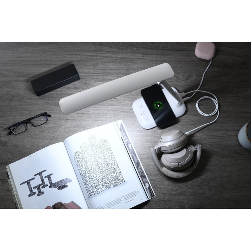 Dimmbar LED-skrivbordslampa med trådlös QI-laddning och USB LUMI LED/7W/230V vit