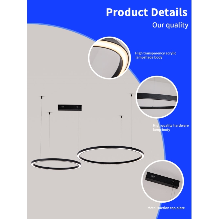 Immax NEO 07216L - LED ljusreglerad ljuskrona på textilsladd FINO LED/93W/230V 60/80cm svart Tuya + fjärrkontroll