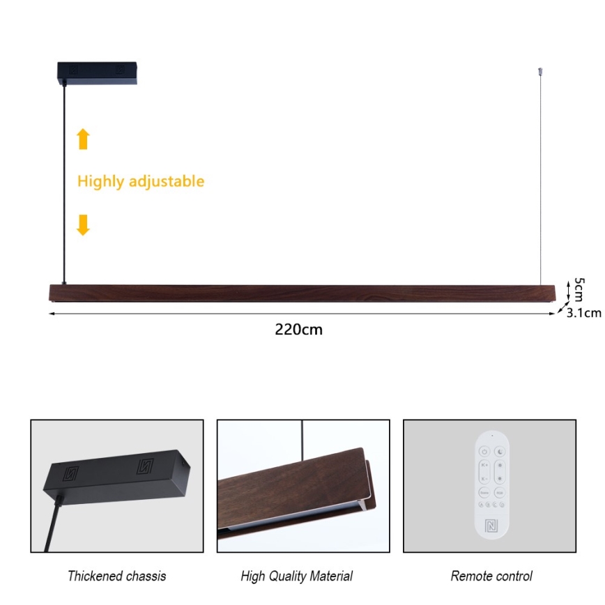Immax NEO 07302L - LED-dimbar pendellampa på vajer MADEIRA LED/44W/230V Wi-Fi Tuya 202 cm valnöt + fjärrkontroll