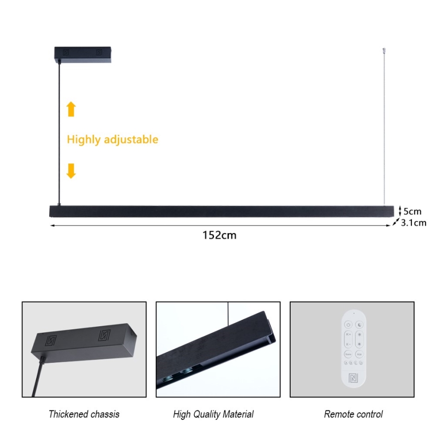 Immax NEO 07307L - LED-dimmbar pendellampa på vajer MADEIRA LED/33W/230V Wi-Fi Tuya 152 cm svart + fjärrkontroll