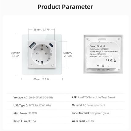 Immax NEO 07544L - Smart vägguttag typ E 16A/230V + 1x USB-A + 1x USB-C PD 20W Tuya Wi-Fi