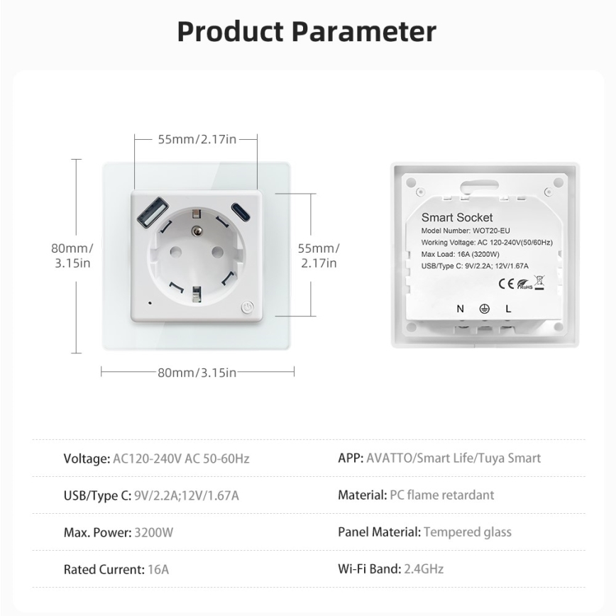 Immax NEO 07544L - Smart vägguttag typ E 16A/230V + 1x USB-A + 1x USB-C PD 20W Tuya Wi-Fi