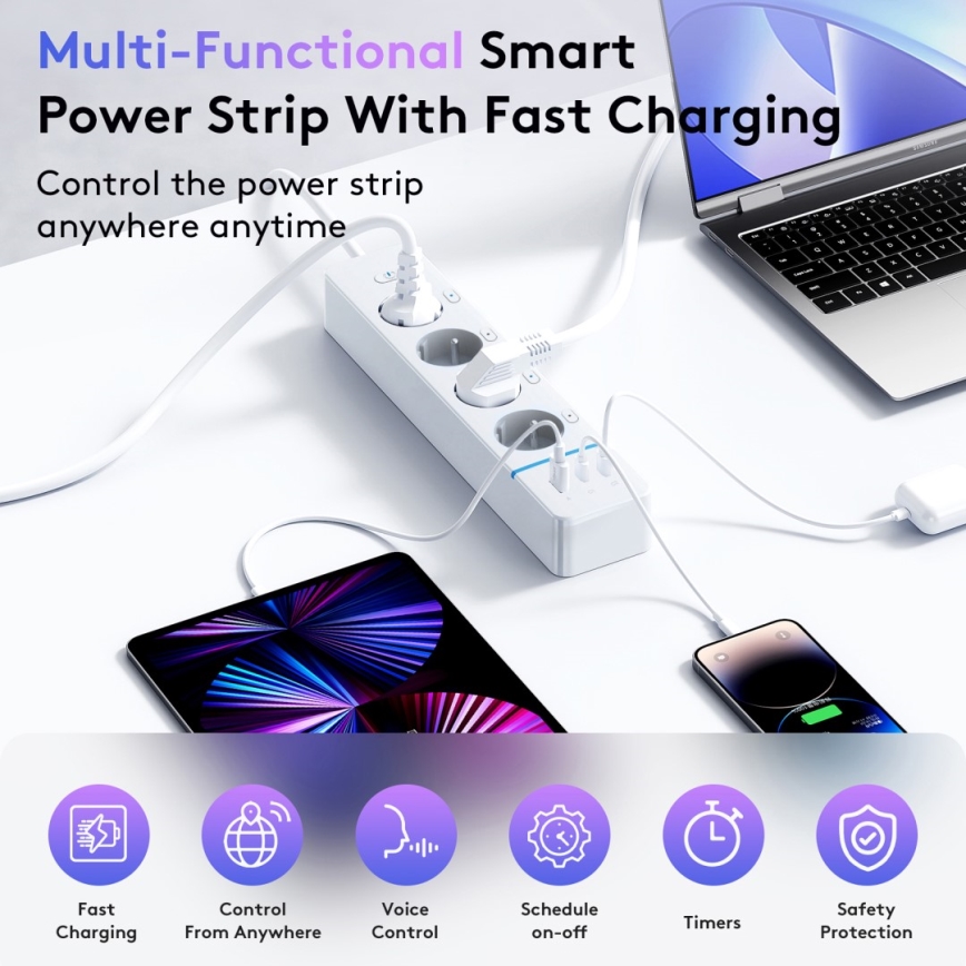 Immax NEO 07821L - Smart förlängningssladd NEO LITE 4AC+1xUSB+2xUSB C Tuya Wi-Fi