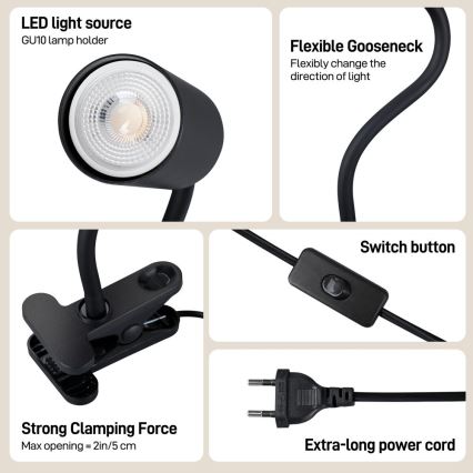 Immax NEO 08293L - Flexibel lampa med klämma PUNTO 1xGU10/9W/230V svart