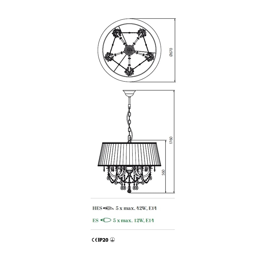 Incanti ICA P5 01 01 - Ljuskrona på kedja CANDORE 5xE14/42W/230V