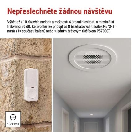 Infälld trådlös dörrklocka 230V + 1xCR2032 vit