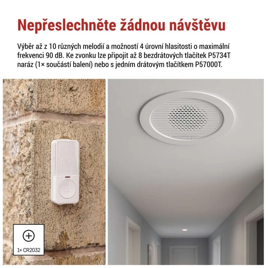 Infälld trådlös dörrklocka 230V + 1xCR2032 vit