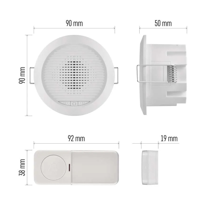 Infälld trådlös dörrklocka 230V + 1xCR2032 vit