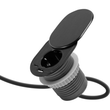 Infällt vägguttag med skjutlock, 1 eluttag + USB-C + USB-A, svart