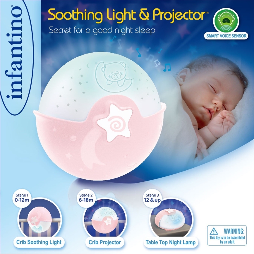 Infantino - Liten barnlampa med projektor 3xAA rosa