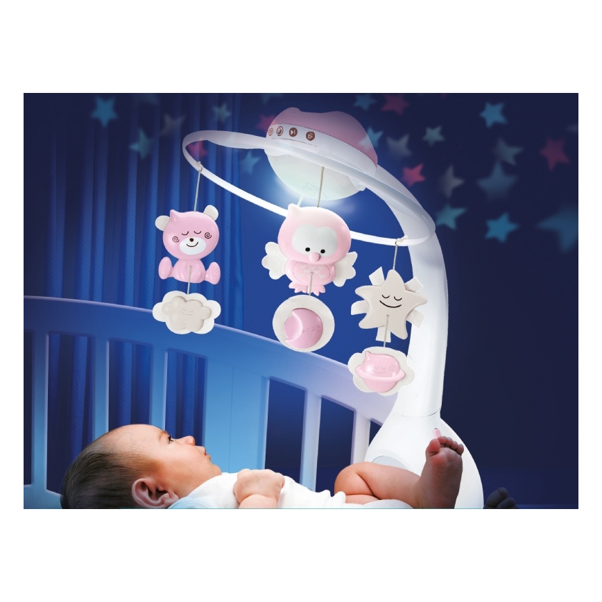 Infantino - Spjälsängsmobil med melodi och projektor 3i1 3xAAA rosa