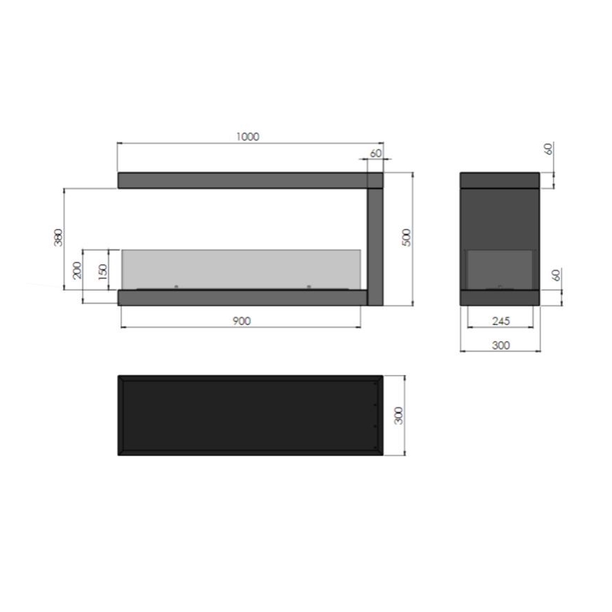 InFire - Corner BIO fireplace 100x50 cm 3kW bifacial