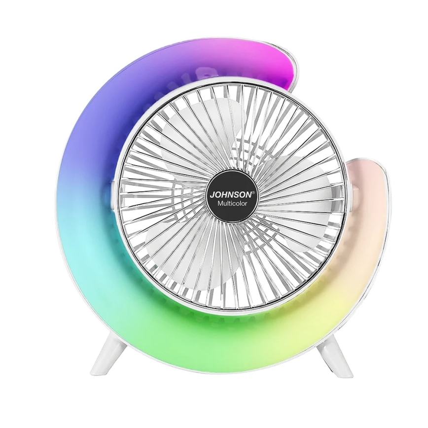 JOHNSON - Uppladdningsbar bordfläkt med RGB-LED, multifärgad/5W/3,7V 1200 mAh Ø 14 cm vit