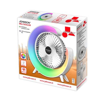 JOHNSON - Uppladdningsbar bordfläkt med RGB-LED, multifärgad/5W/3,7V 1200 mAh Ø 14 cm vit