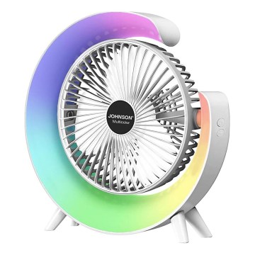 JOHNSON - Uppladdningsbar bordfläkt med RGB-LED, multifärgad/5W/3,7V 1200 mAh Ø 14 cm vit