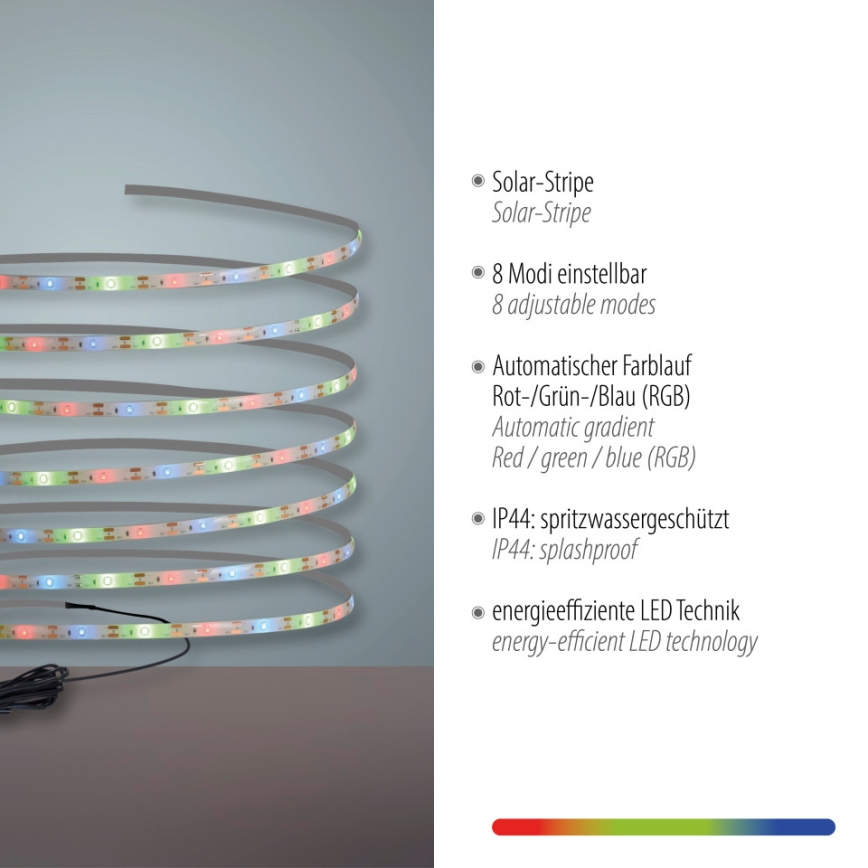 JUST LIGHT. 19971-18 - RGB-LED solcellsdriven remsa TEANIA LED/3,7 V 5 m 1200 mAh IP44 svart
